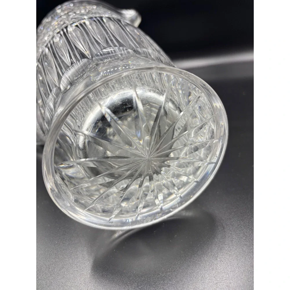 Vintage Cut Glass Water Pitcher Clear‎ Crystal Starburst Pattern 10 Inch Tall